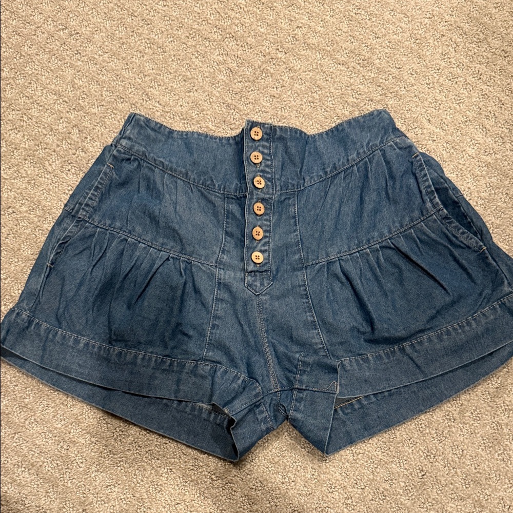 eesome Dark Blue High-Waist Button-Front Denim Shorts